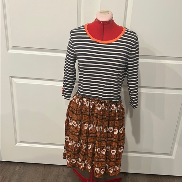 Matilda Jane Blue Gray Striped Dress with Orange Trim and Pockets Size Medium - Picture 1 of 8